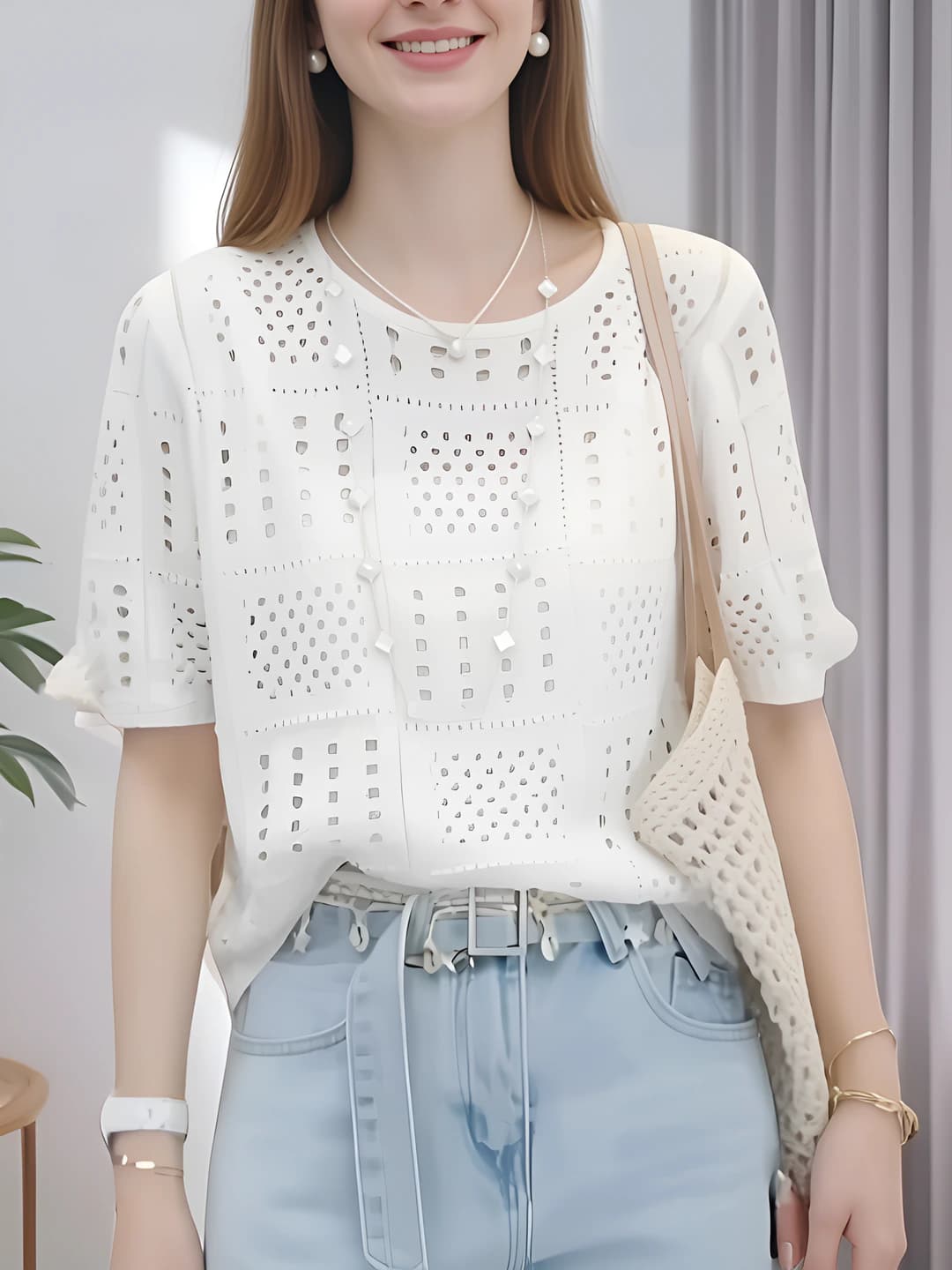 Women's summer knit top, crew neck, short sleeve, loose fit, 3D pattern, ice-silk fabric