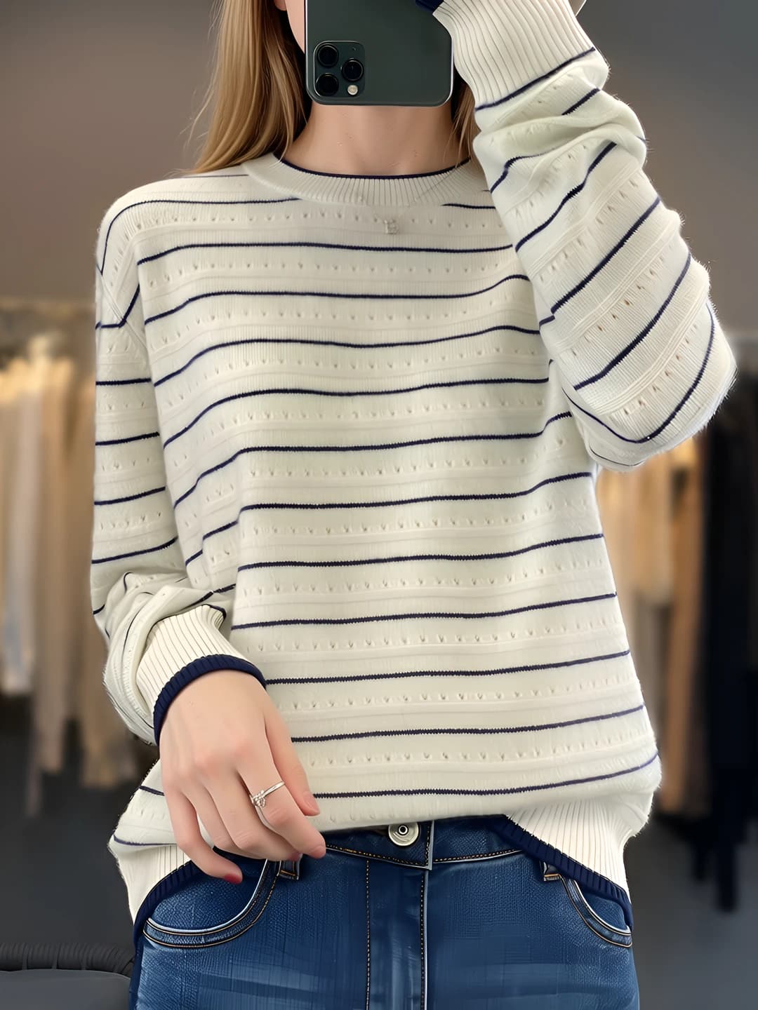Women's autumn-winter crew neck striped loose fit sweater made of 95%+ wool and cashmere
