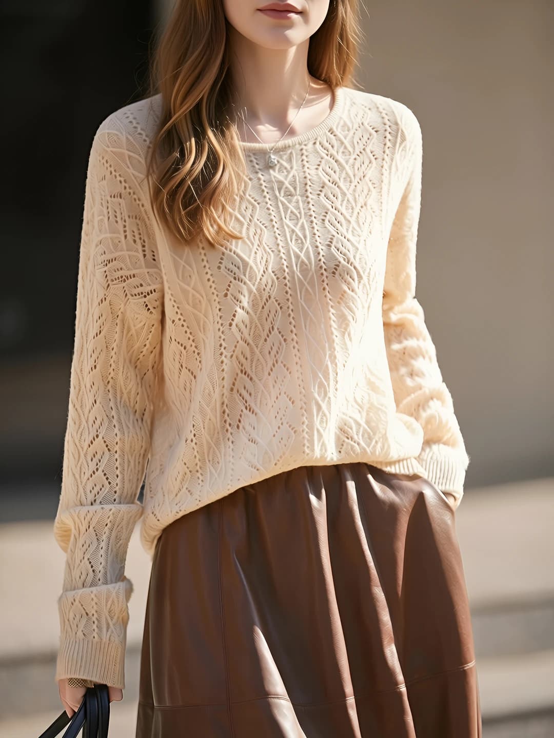 Women's autumn-winter wool and cashmere sweater, loose fit, crew neck, long sleeve, medium thickness, craft: openwork