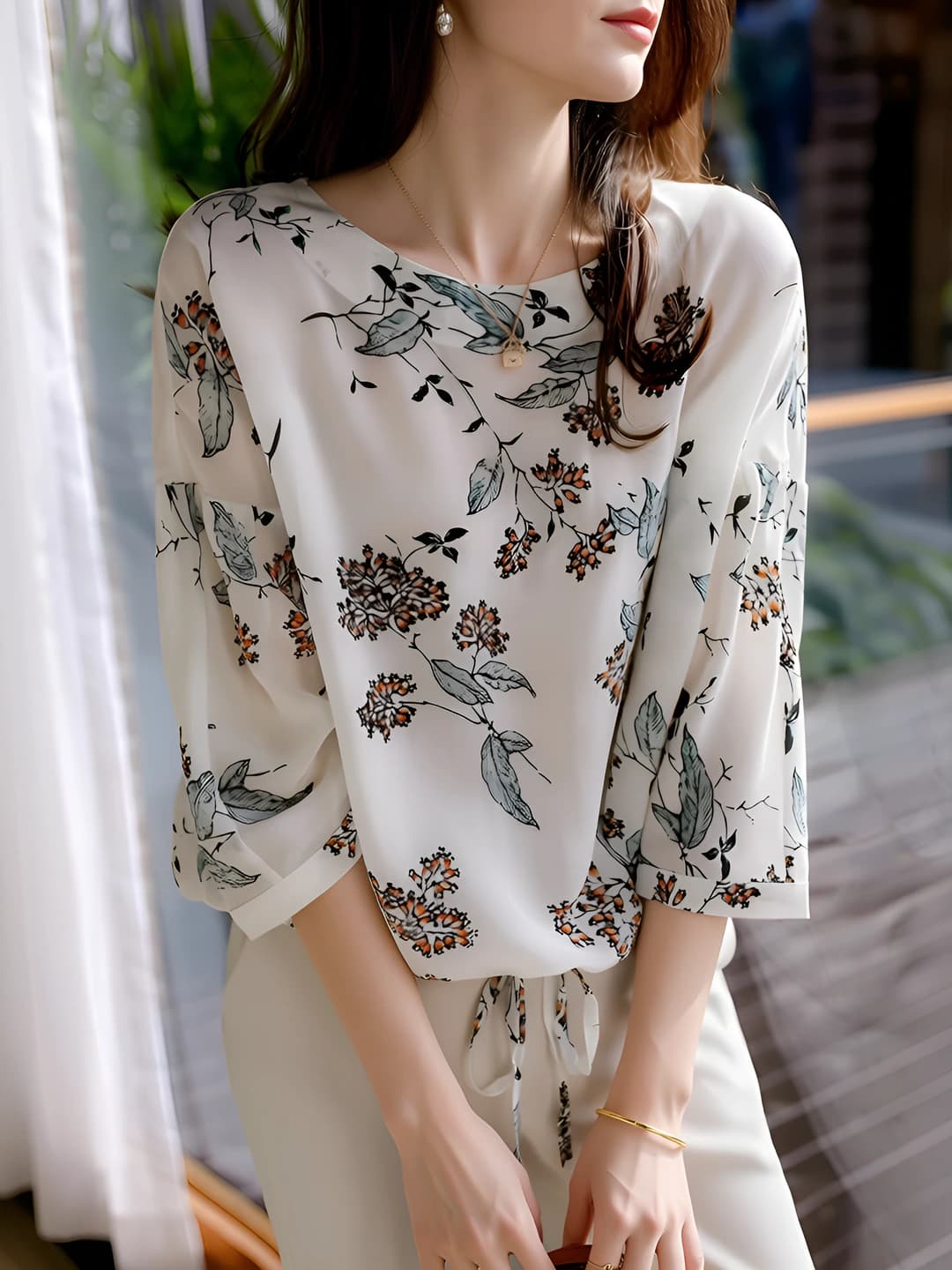Women's mulberry silk printed blouse, spring-summer 2026, slimming, crew neck, three-quarter sleeve