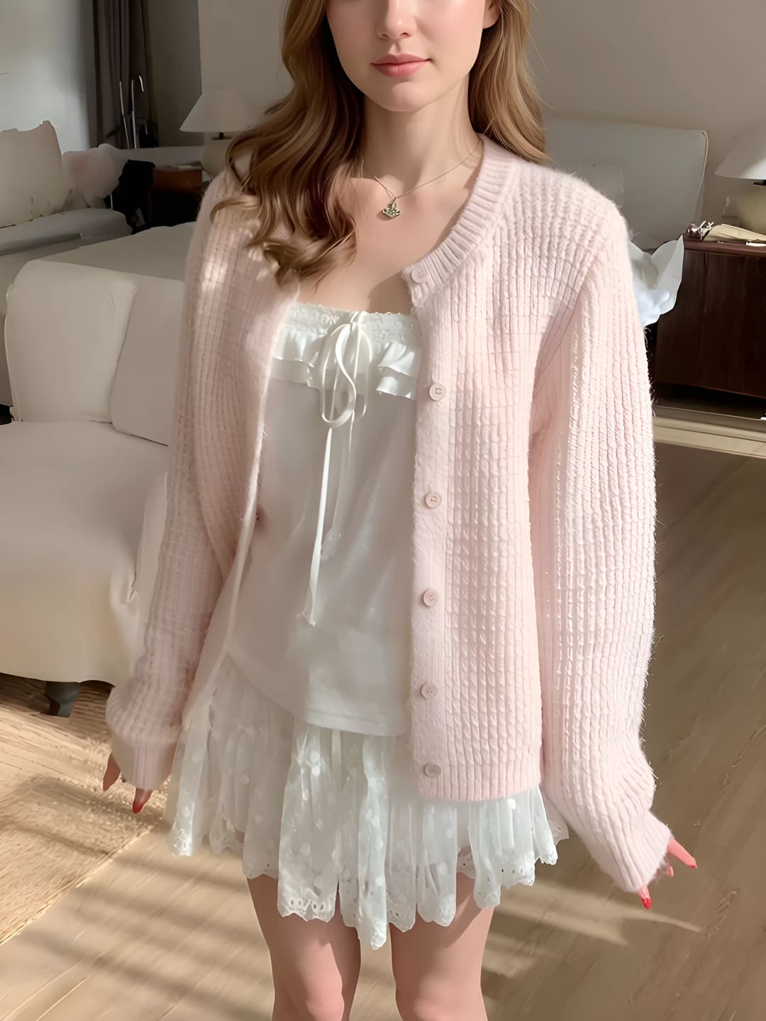 Women's knit cardigan, spring, loose fit, crew neck, long sleeve, 50%–70% polyester and viscose