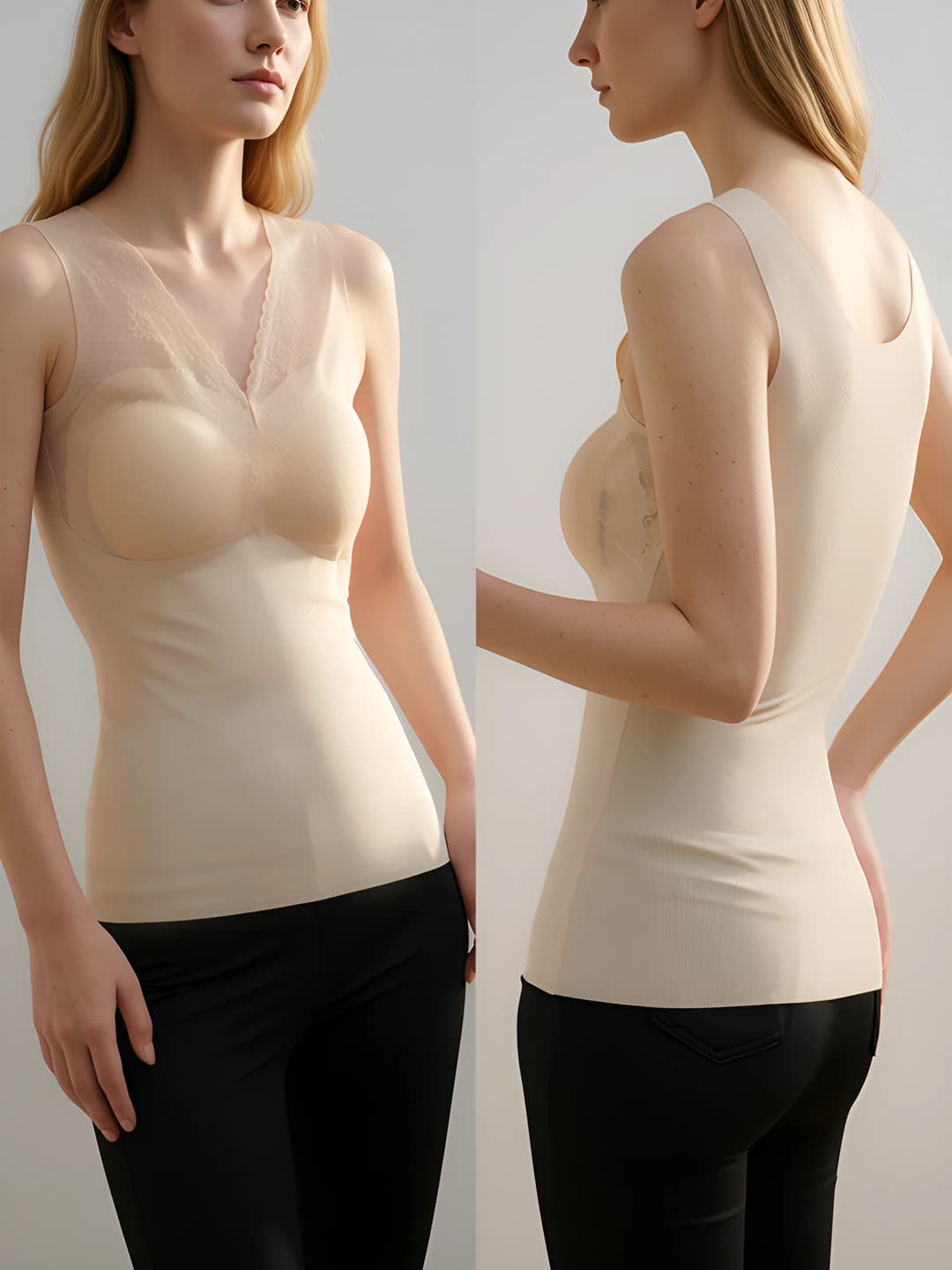 Women's shapewear camisoles: ice-silk fabric, seamless lace, slim fit, solid colour, with built-in bra