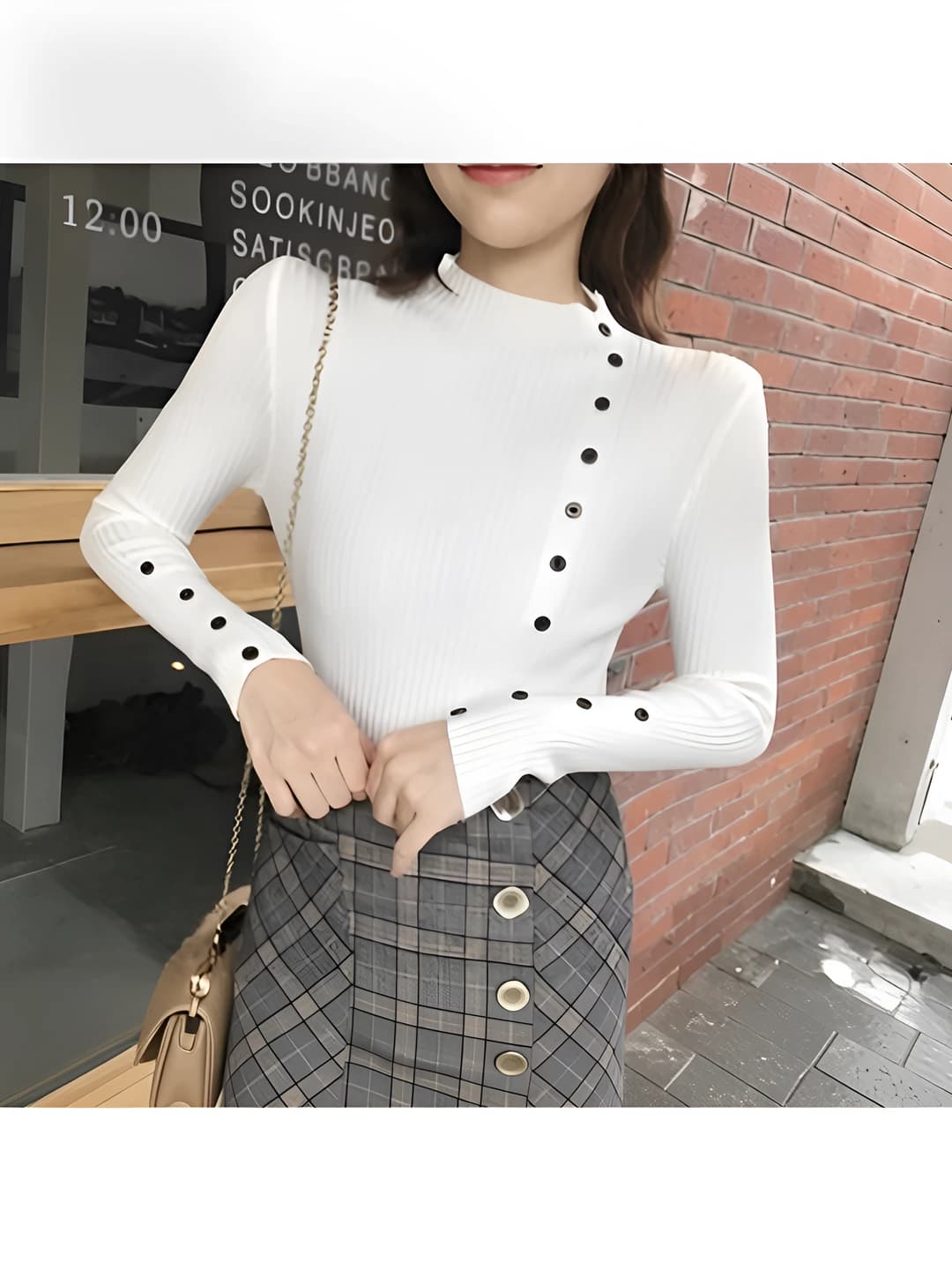 Women's long-sleeve thin knit top, slim fit, crew neck, solid colour, business style