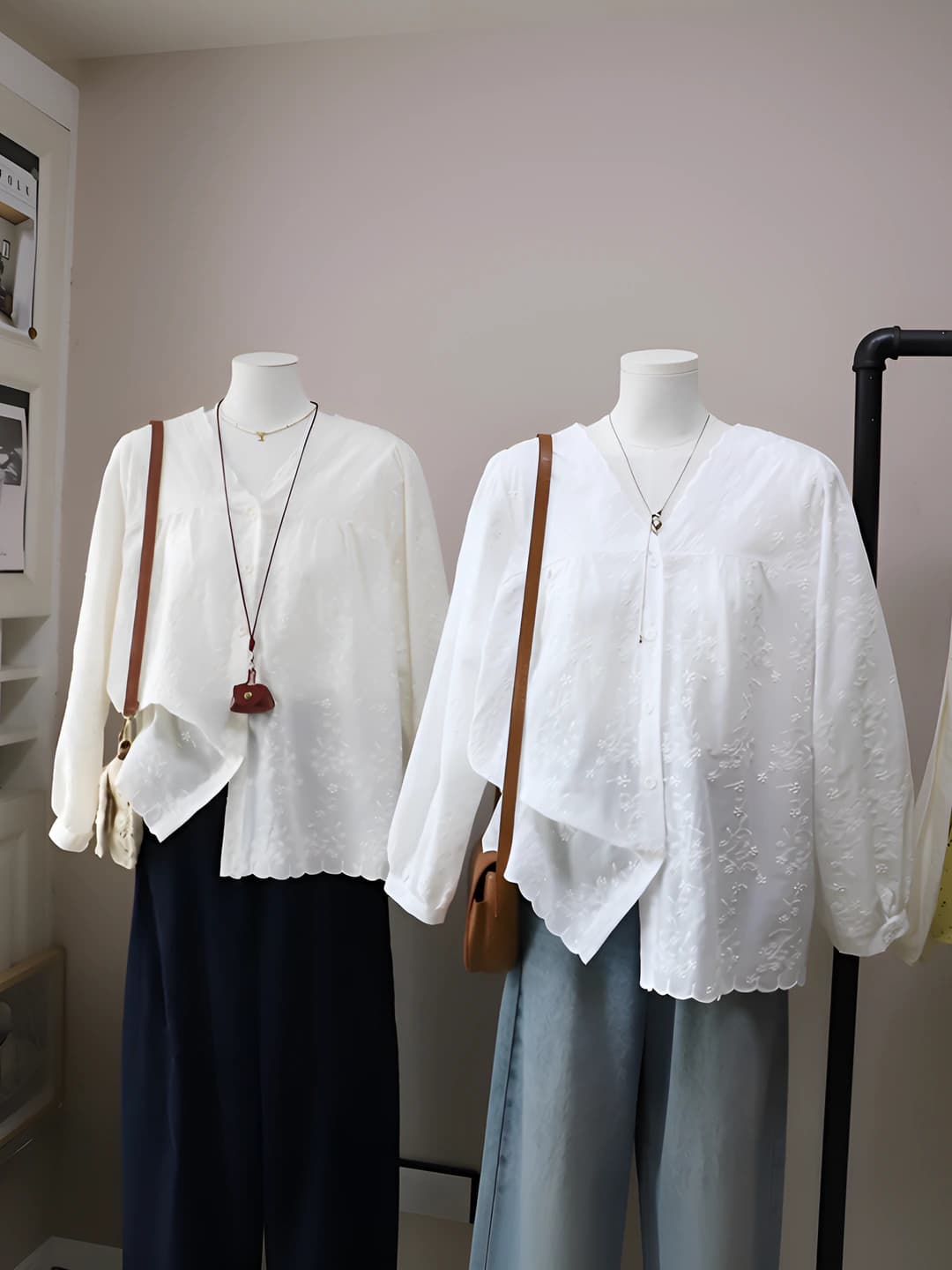 Women's 2026 early spring Korean style V-neck loose fit slimming embroidered long sleeve puff sleeve blouse