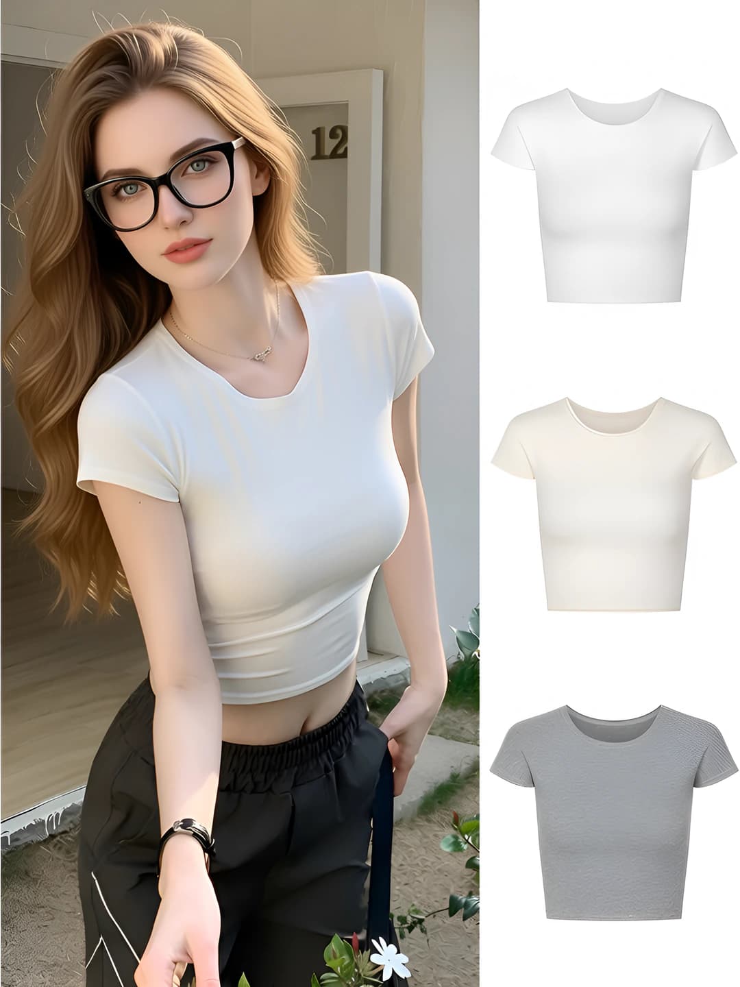 Women's summer casual short sleeve slim fit crew neck solid colour crop top