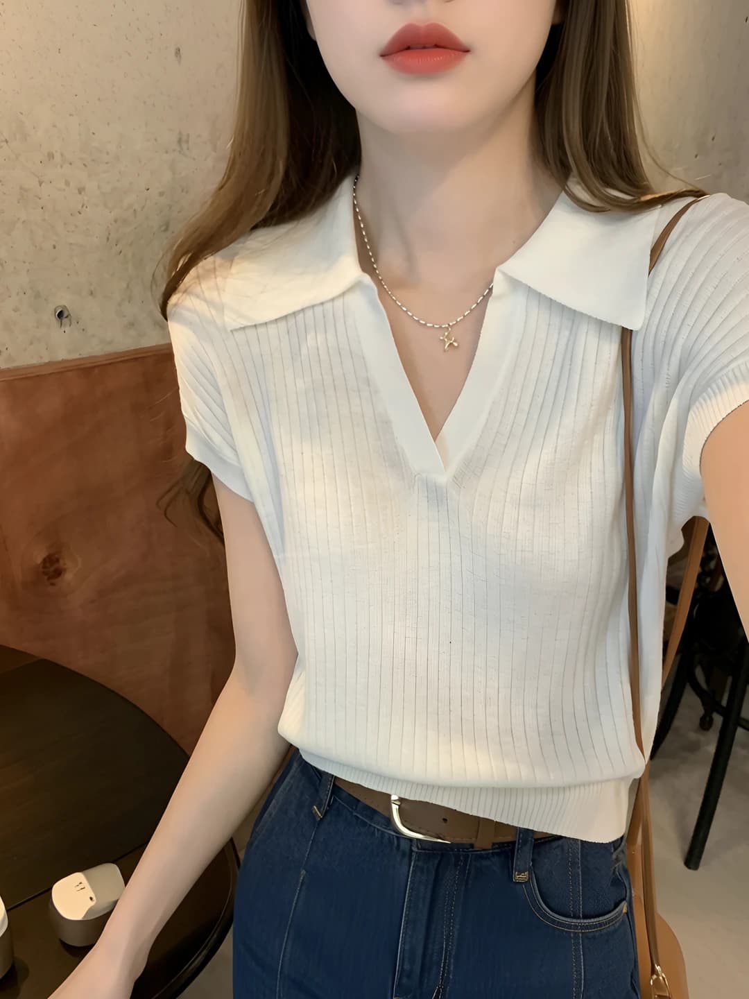 Women's polo: Tencel, lapel collar, short sleeve, thin, breathable, slimming, solid colour, casual