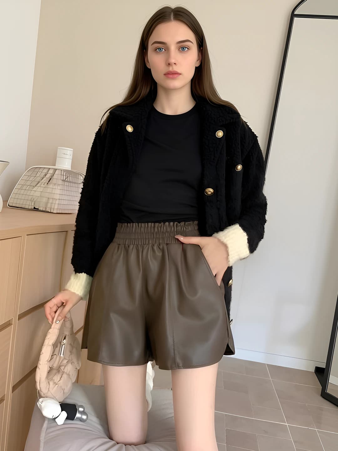 Women's casual leather-look shorts, high waist, loose fit, slimming, stretch, non-iron, solid colour, polyester (50%–70%), spring-autumn, medium thickness