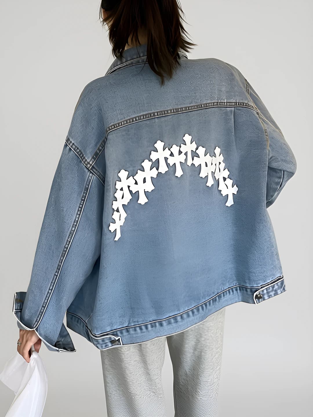 Women's spring-autumn retro style printed denim jacket, loose fit, lapel collar, long sleeve