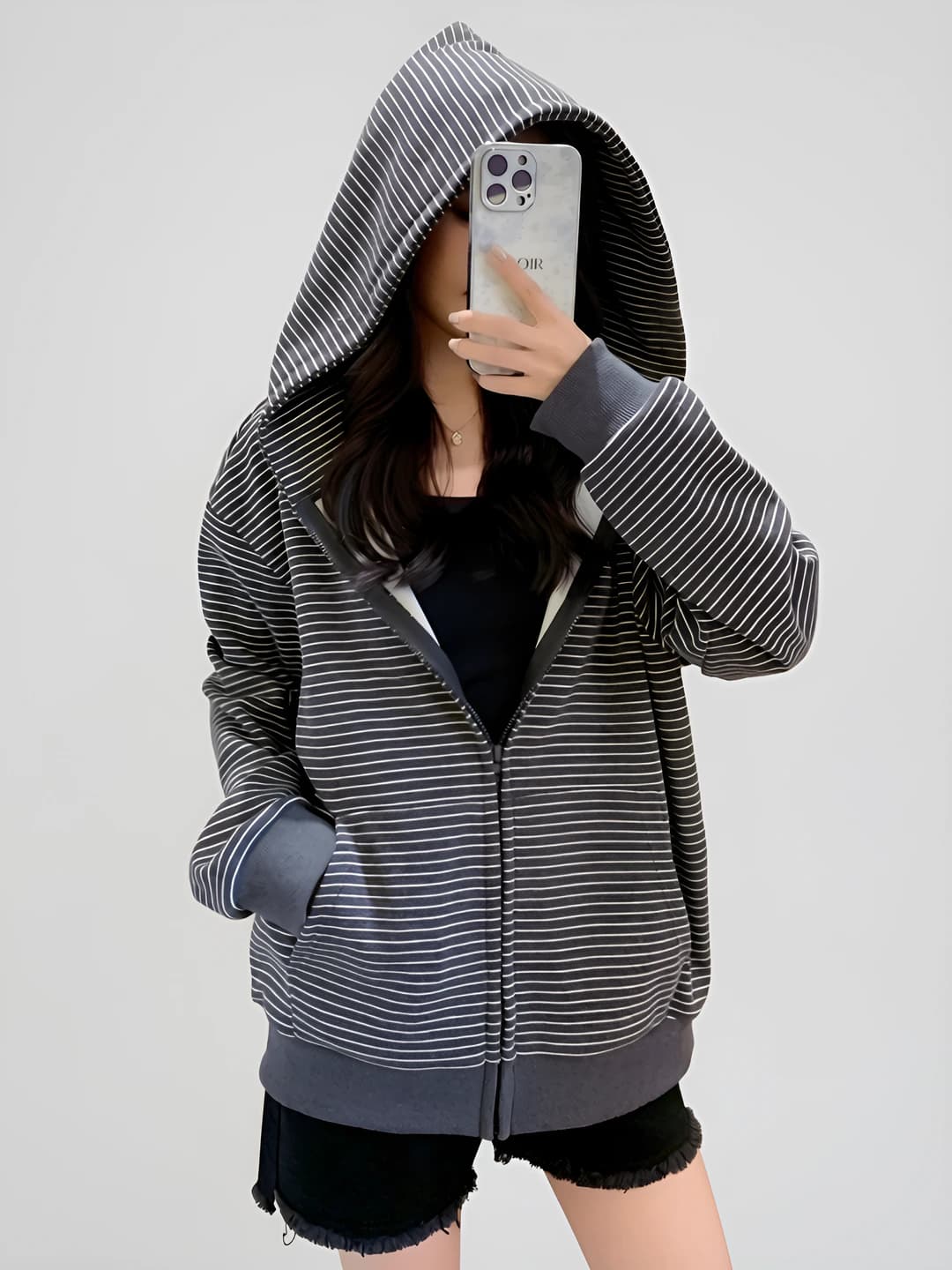 Women's striped zip-up sweatshirt, autumn-winter, retro, loose fit, thick, long sleeve