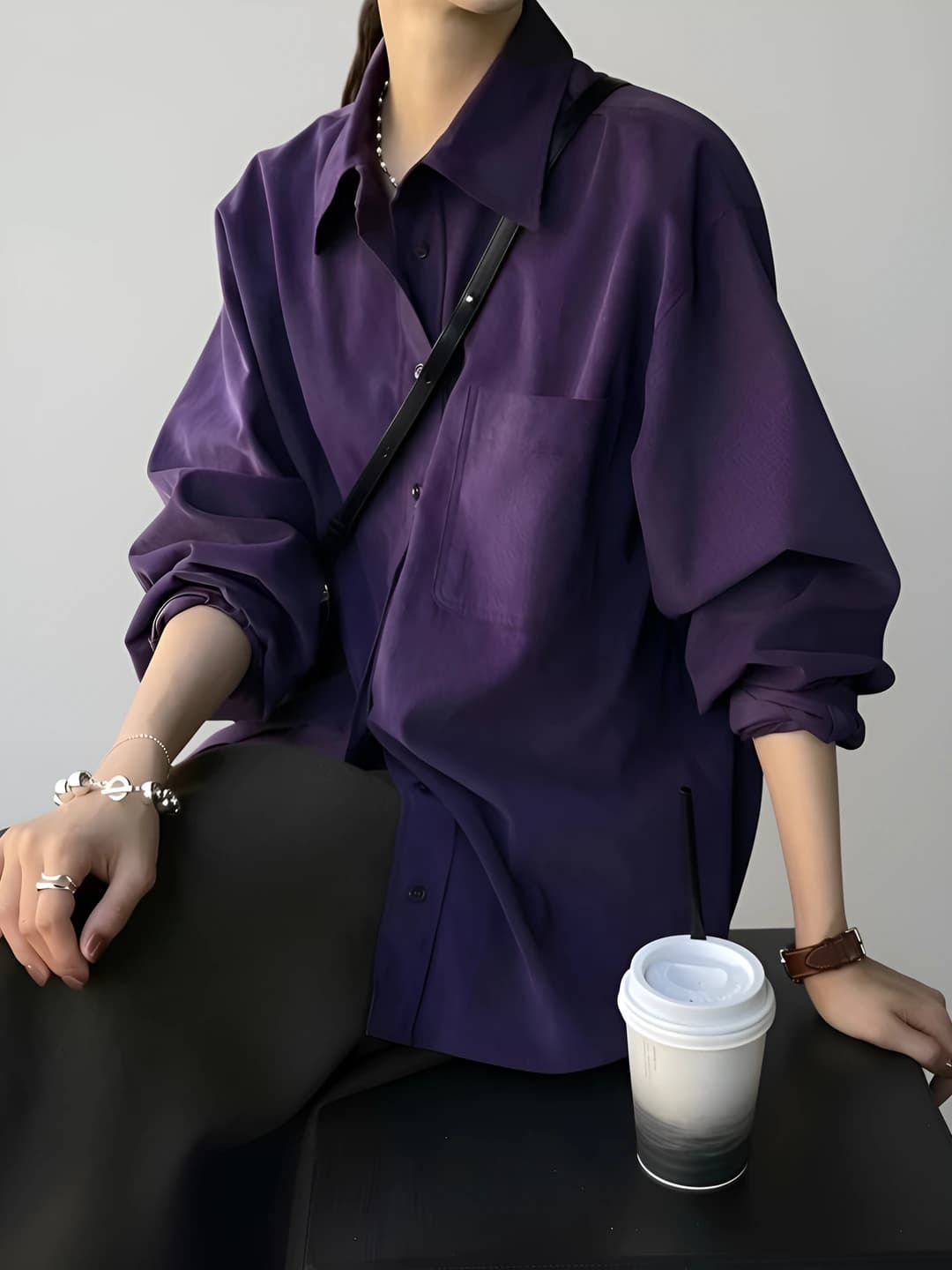 Women's shirt: spring-autumn, POLO collar, long sleeve, loose fit, solid colour, 50-70% polyester and 30-50% cotton