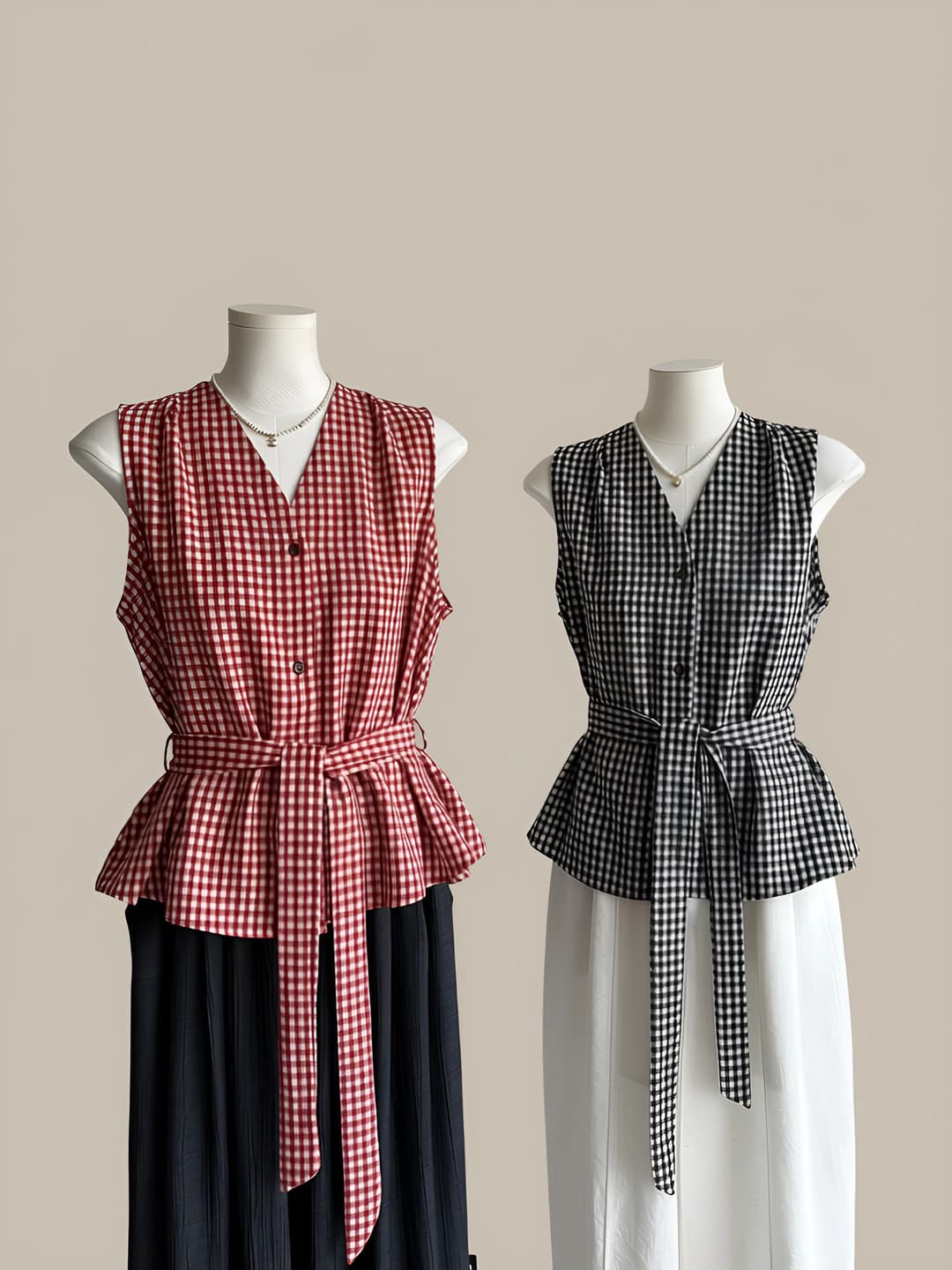 Women's summer Korean style checked V-neck sleeveless slimming basque blouse