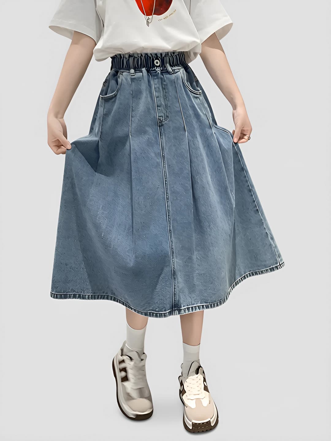 Women's 2026 autumn new style denim A-line mid-length skirt, high waist, elastic waist, slimming, retro, solid colour, medium stretch