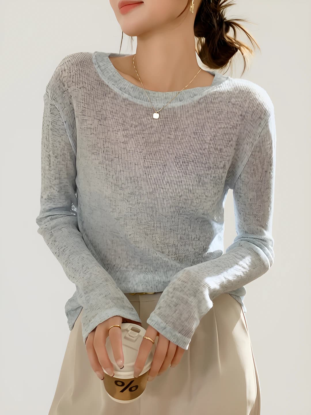 Women's knit top, loose fit, crew neck, long sleeve, sun-protective, cosmic pattern, thin, sheer, non-iron, pullover, street style