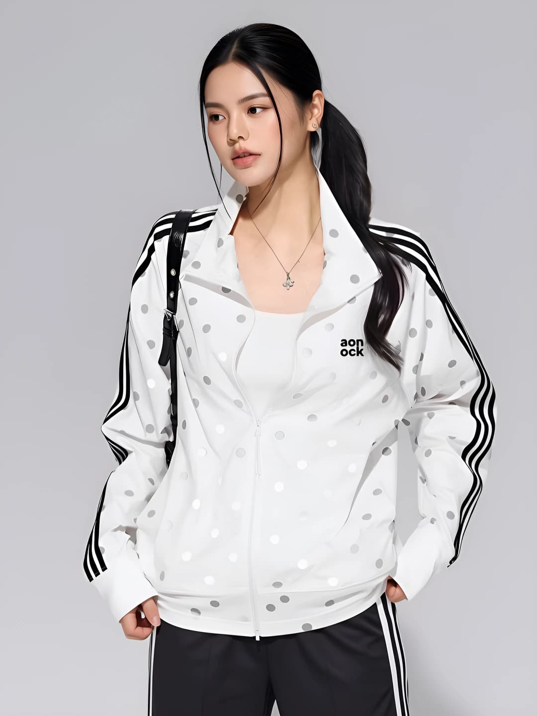Women's 2026 casual sports jacket, stand collar, long sleeve, ice-silk fabric, polka dot pattern, summer, sun-protective, slimming