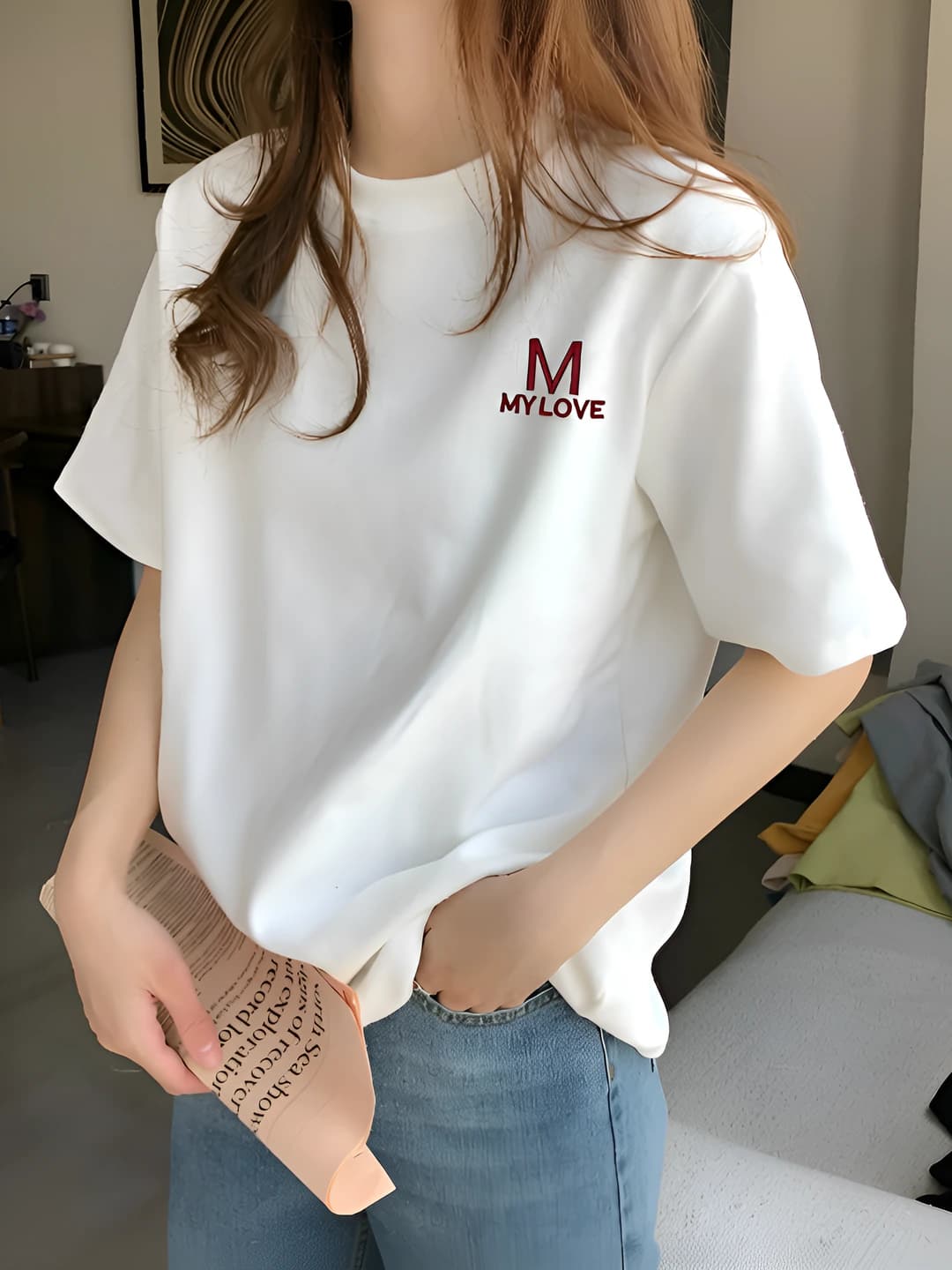 Women's pure cotton t-shirt, summer, short sleeve, crew neck, loose fit, casual style