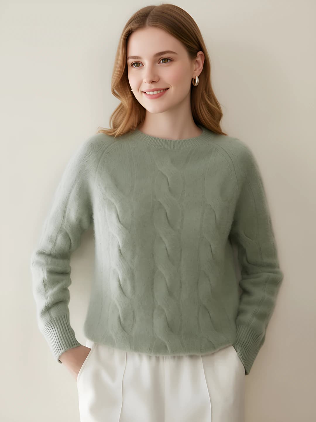 Women's thickened cashmere cable knit pullover sweater with crew neck, autumn-winter 2026, plus size