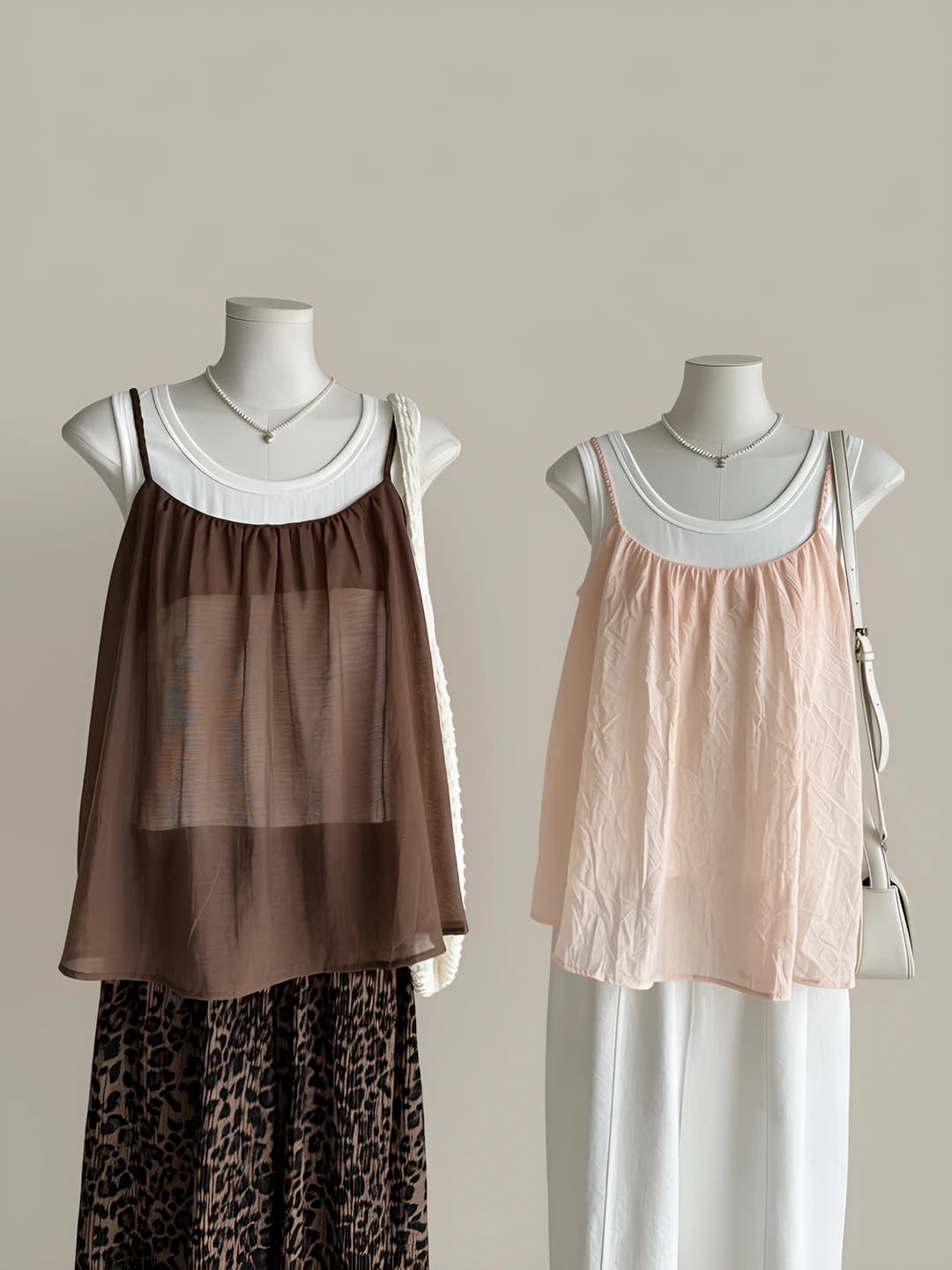 Women's summer casual two-piece set: sleeveless tank top and sleeveless camisole, color-block pattern, cotton and polyester fabric