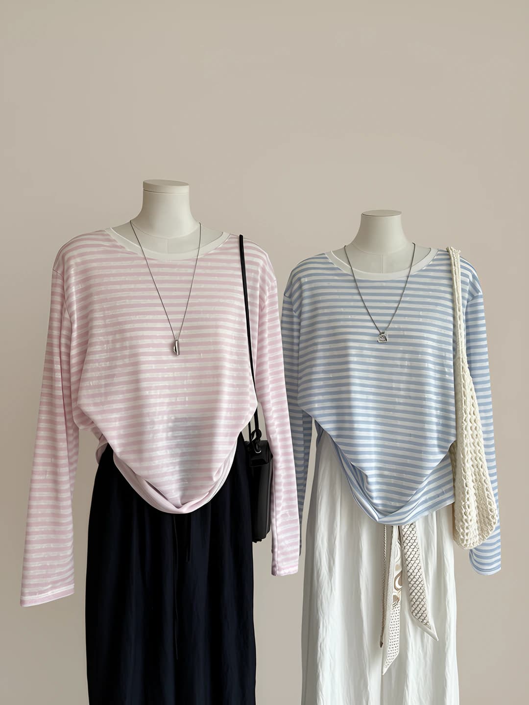 Women's summer Korean style crew neck thin striped loose fit long sleeve sun-protective t-shirt