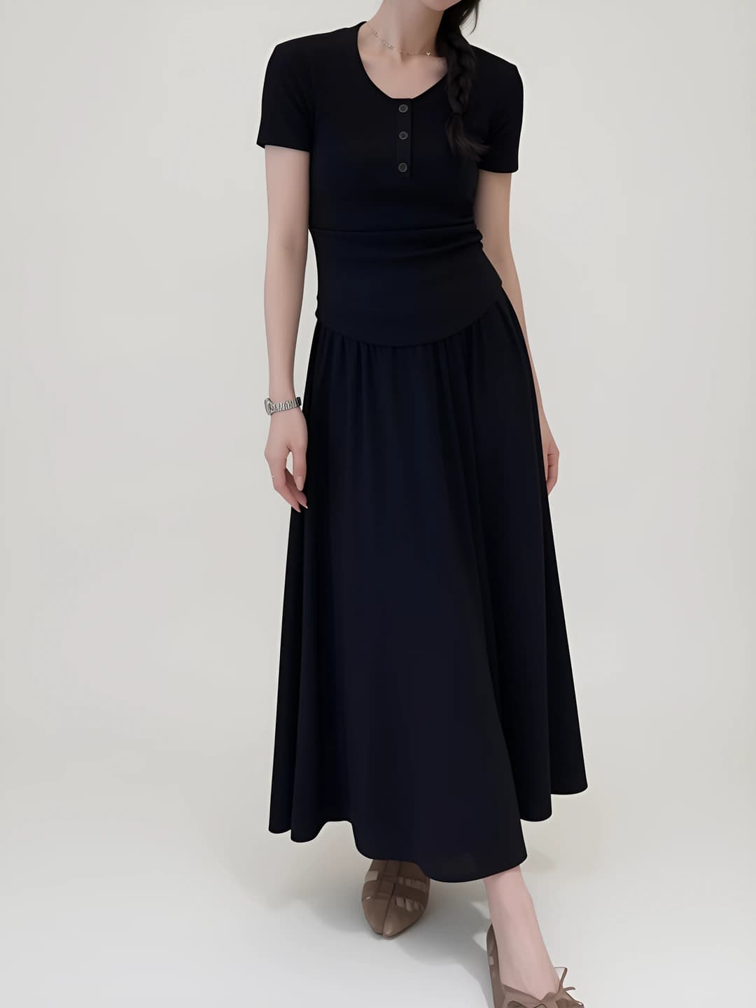 Women's summer two-piece set with short sleeve t-shirt and long skirt, casual style, slim fit, slimming, solid colour, polyester and cotton fabric