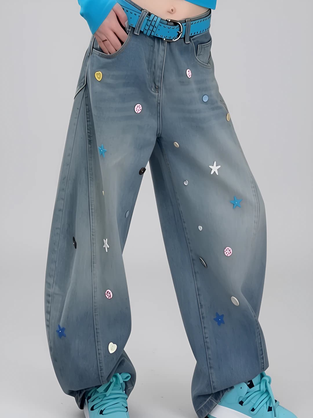 Women's summer wide and flared jeans with embroidery, gradient, high waist, straight cut, loose fit