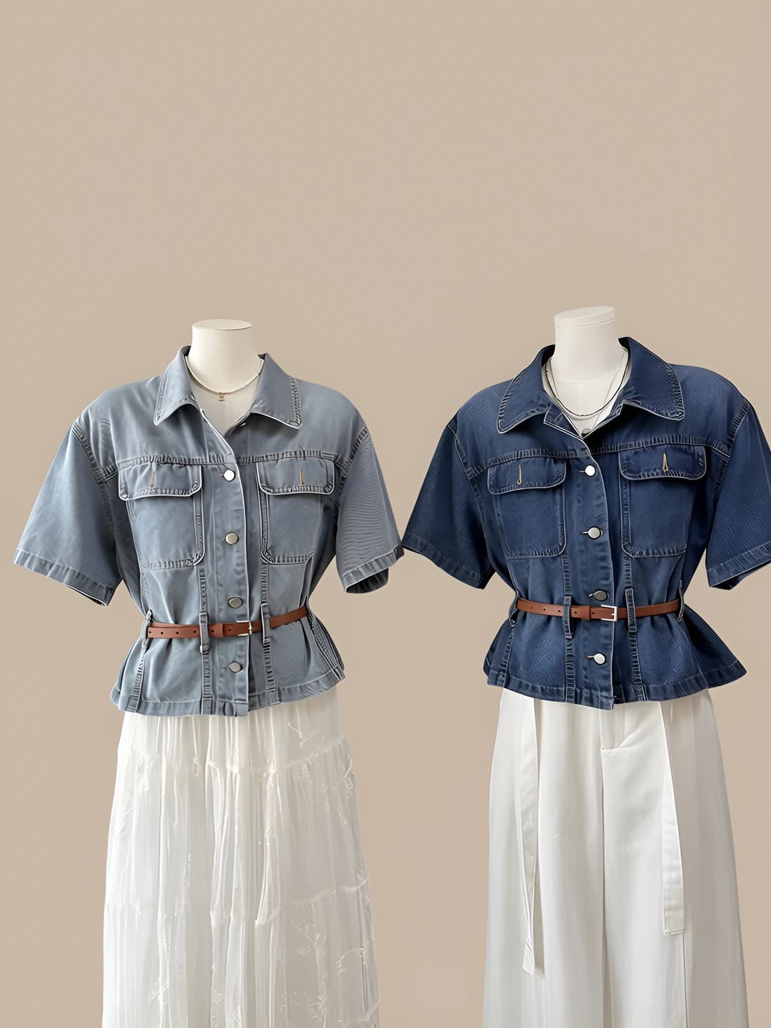 Women's retro Korean style denim shirt, short sleeve, slimming fit, solid colour, spring-summer 2026