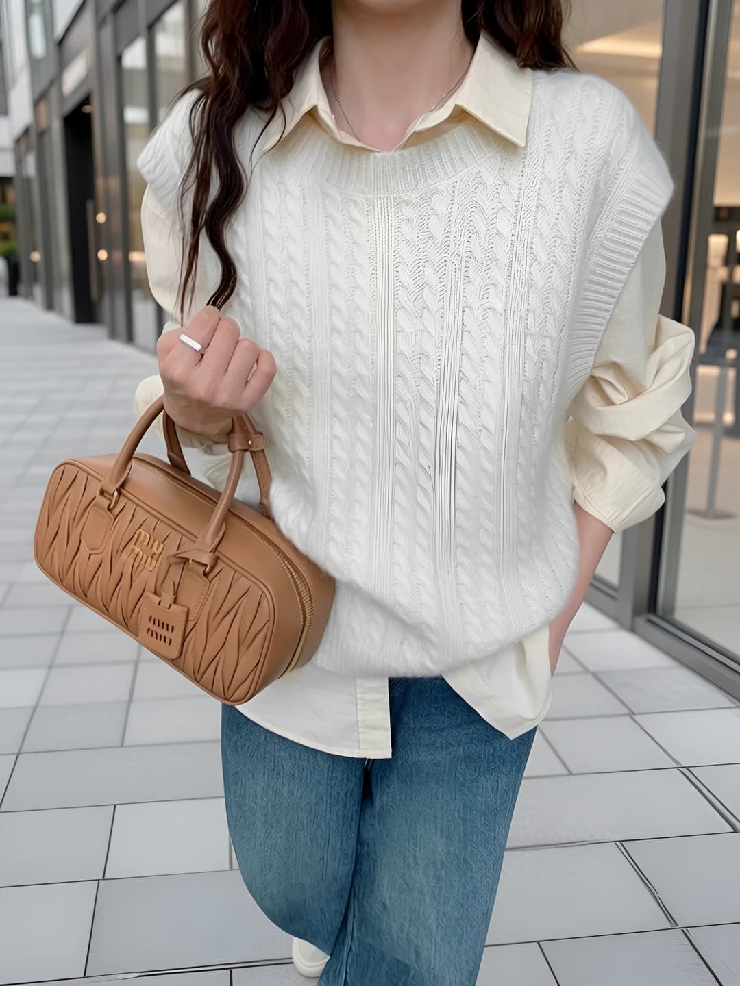 Women's 100% wool knitted vest, loose fit, sleeveless, V-neck, autumn-winter, for petite
