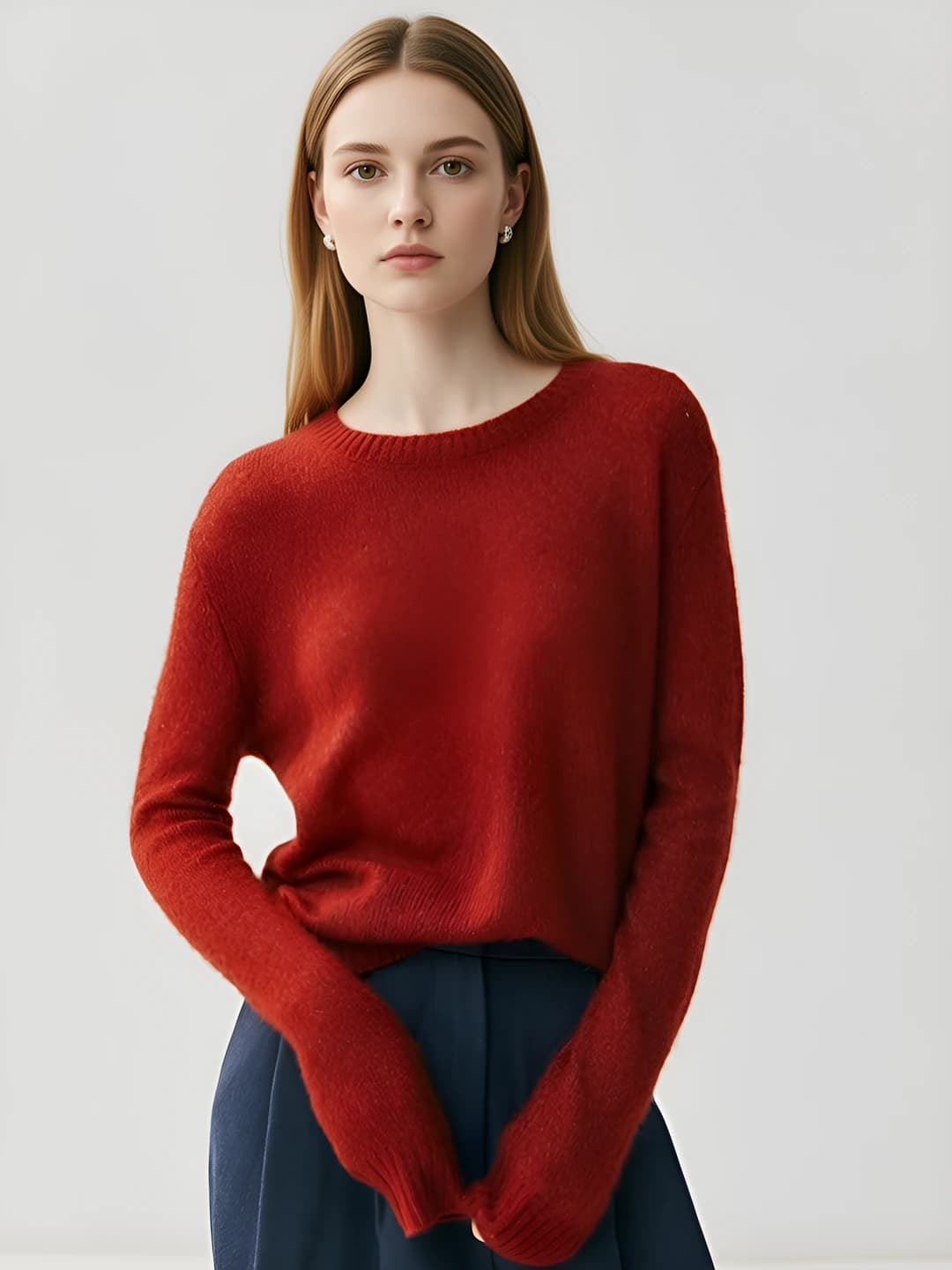 2026 autumn-winter women's crew neck cashmere sweater, solid colour, loose fit, long sleeve, medium thickness