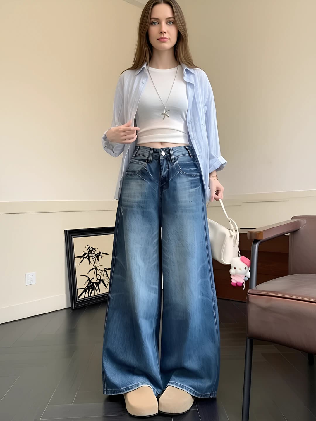 Ayollar uchun yozgi kundalik keng va klesh jinsi shim, baland bel, bo'sh (oversize) kesim, elastik, to'g'ri kesim