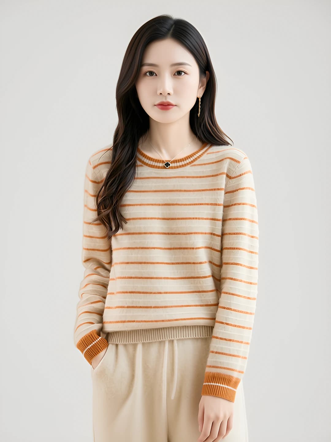 Women's 2026 autumn striped loose fit long sleeve crew neck wool and cashmere sweater