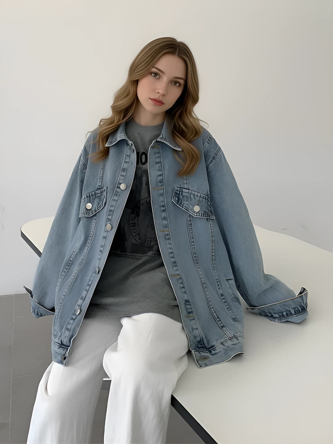 Ayollar uchun denim kurtka, koreys uslubida, bo'sh (oversize) kesim, bir rangli, uzun yeng, qaytarma yoqa, bahor-kuz mavsumi uchun