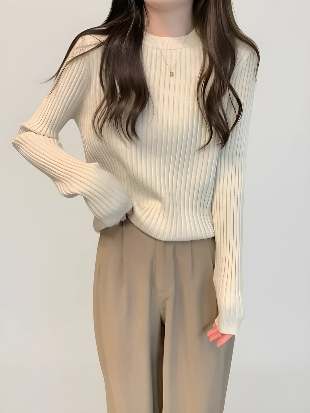 Women's ribbed knit pullover sweater, crew neck, solid colour, thickened, slim fit, long sleeve, Korean style, autumn-winter