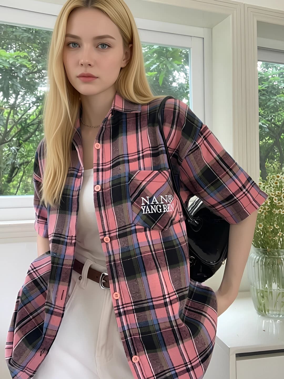 Ayollar uchun retro katakli kalta yengli ko'ylak-shirt, yozgi, bo'sh (oversize) kesim, POLO yoqa, kundalik uslub