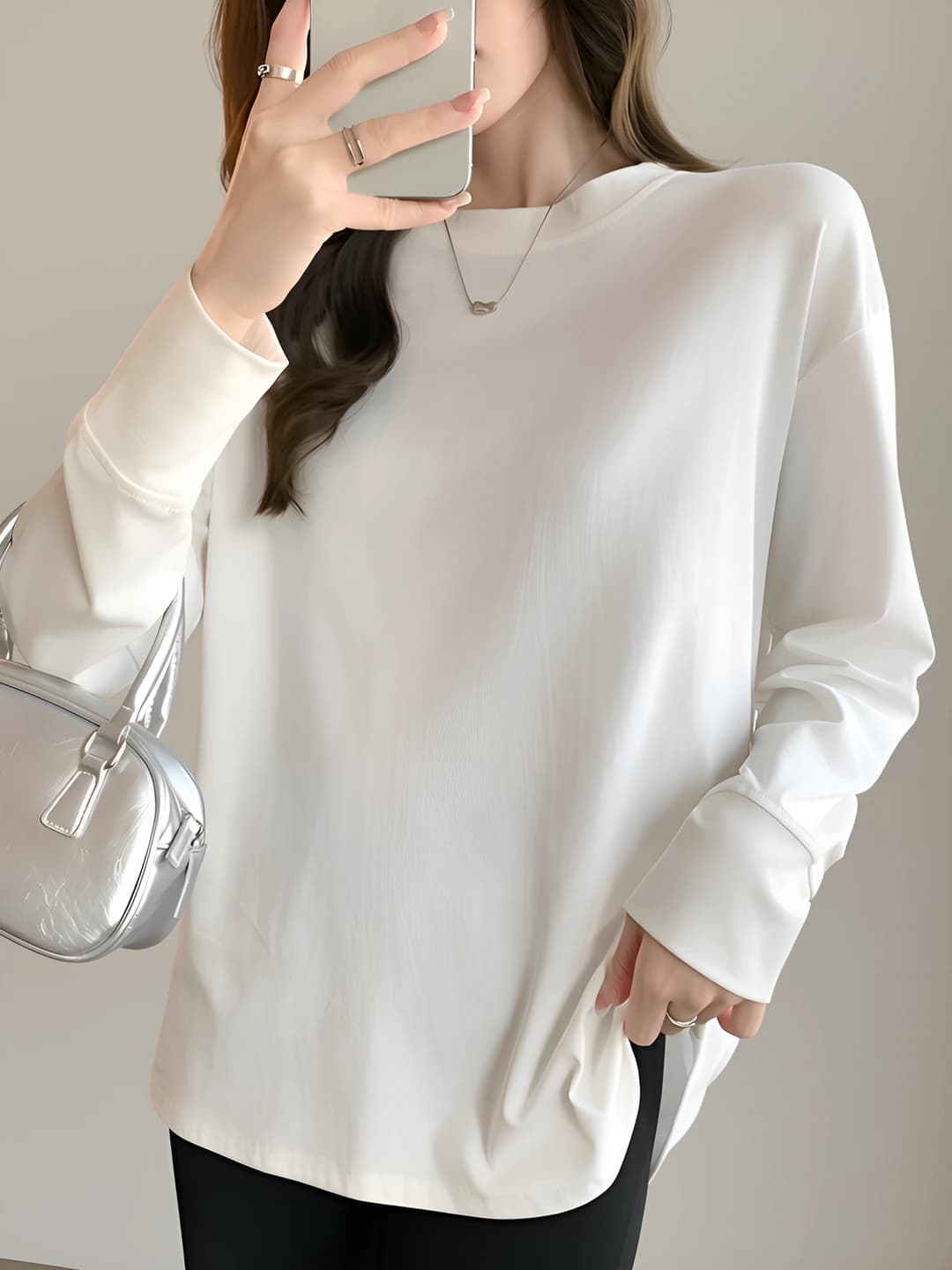 Women's crew neck long sleeve loose fit mid-length slimming stretch cotton long-sleeve base top