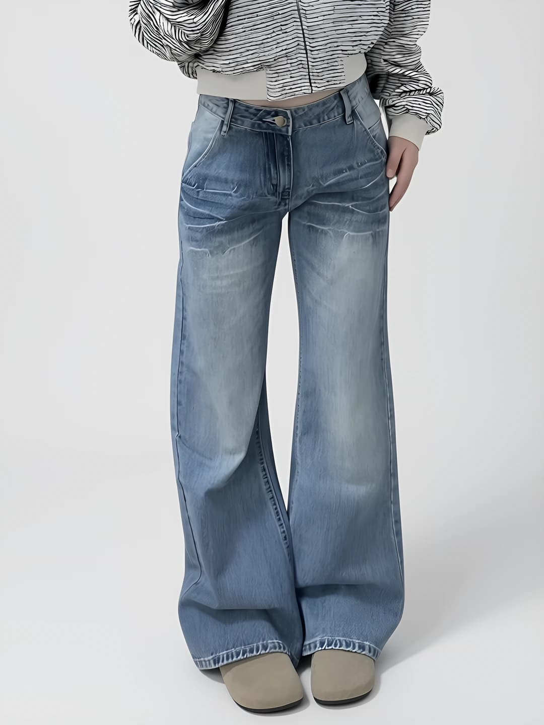 Women's retro high waist wide and flared jeans, spring, loose fit, slimming, non-iron, stretch