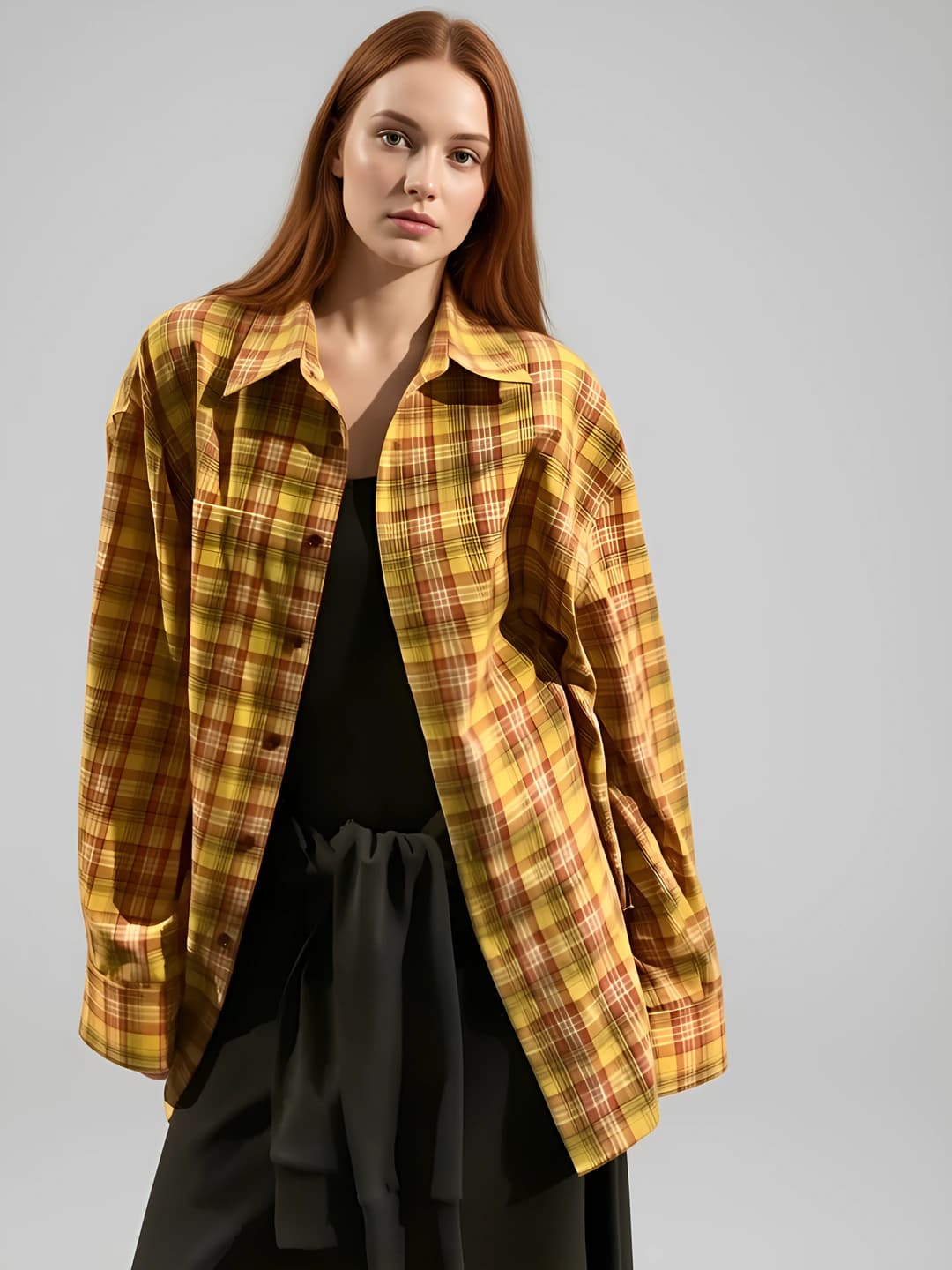 Women's retro checked shirt, long sleeve, loose fit, casual, spring-summer
