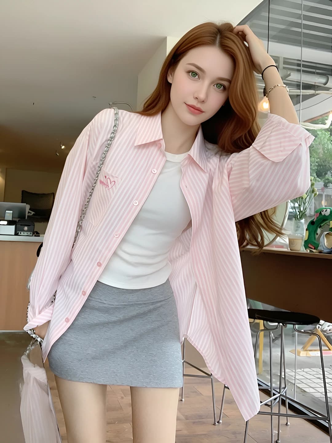 Women's embroidered striped casual shirt, summer thin, loose fit, mid-length, sun-protective, long sleeve