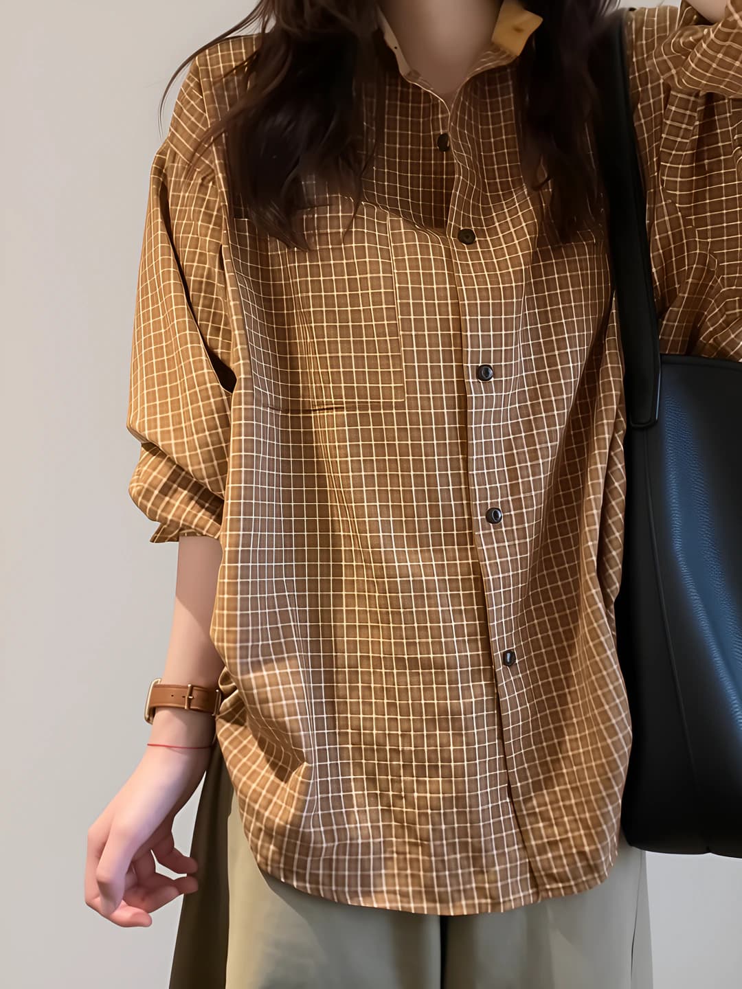 Women's spring-summer checked blouse, long sleeve, loose fit, thin, sun-protective, POLO collar, casual style