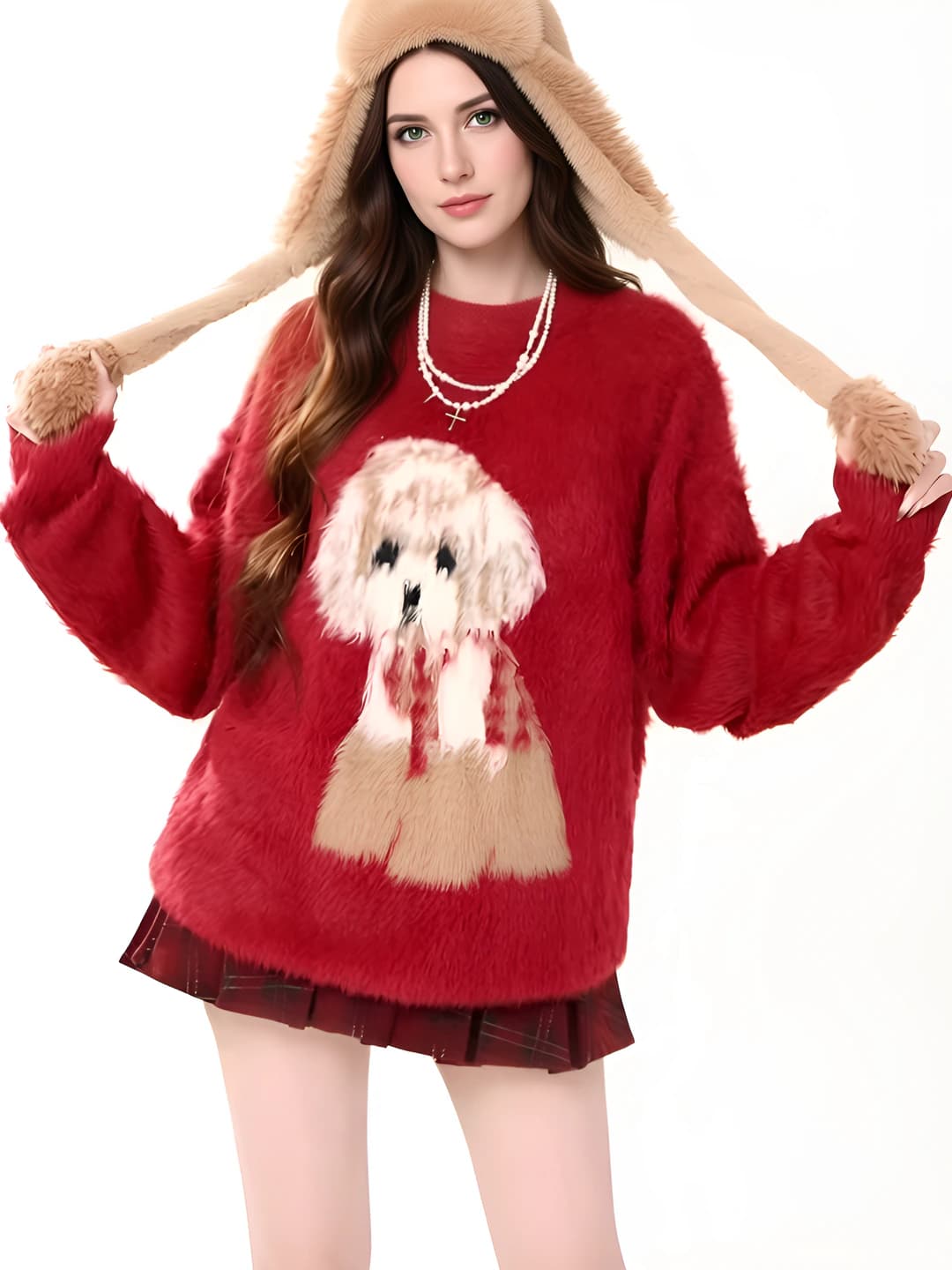 Women's faux mink knit top sweater, crew neck, long sleeve, slim fit, autumn-winter