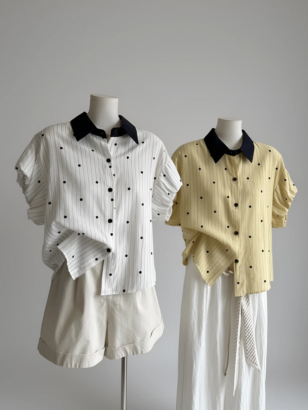 Women's summer Korean style striped and polka dot pattern, loose fit, short sleeve, lantern sleeve, button-up shirt
