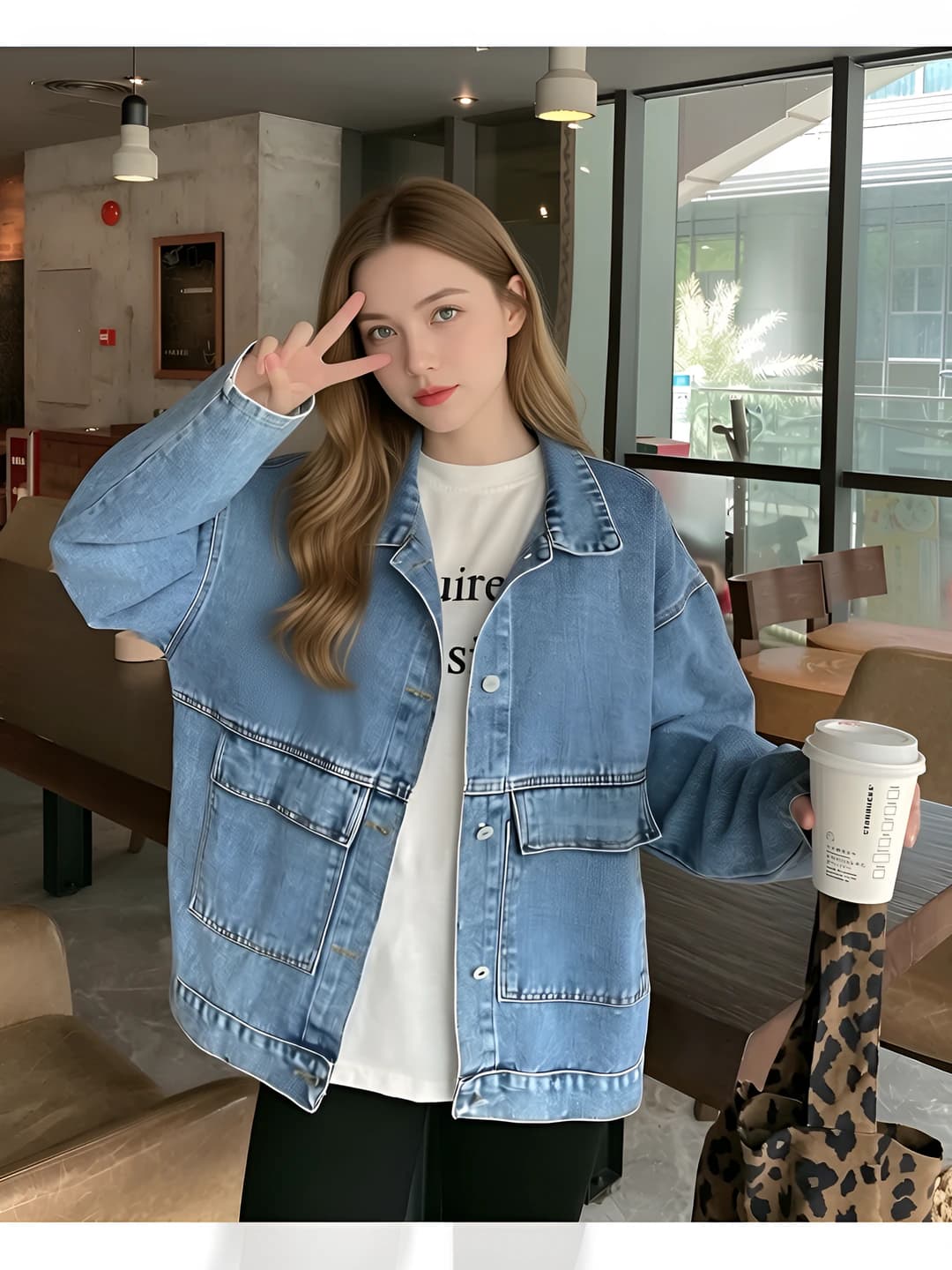 Women's denim jacket: spring-autumn, loose fit, Korean style, retro, solid colour, long sleeve, lapel collar, casual