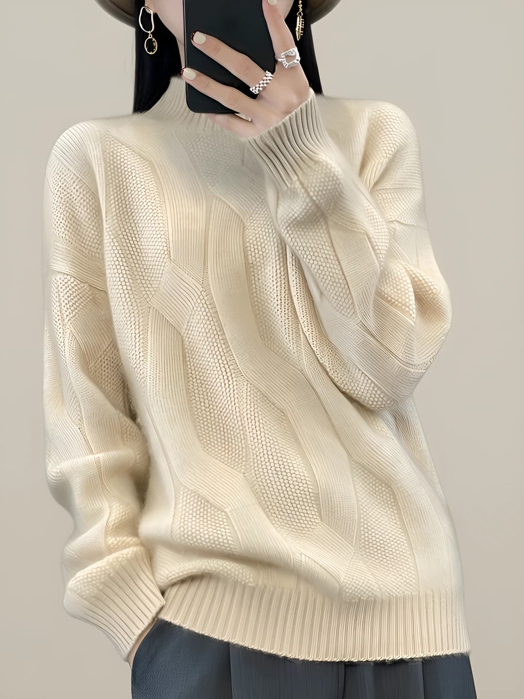 Women's cashmere and wool sweater autumn-winter, mock neck, long sleeve, thick, cable knit, regular fit
