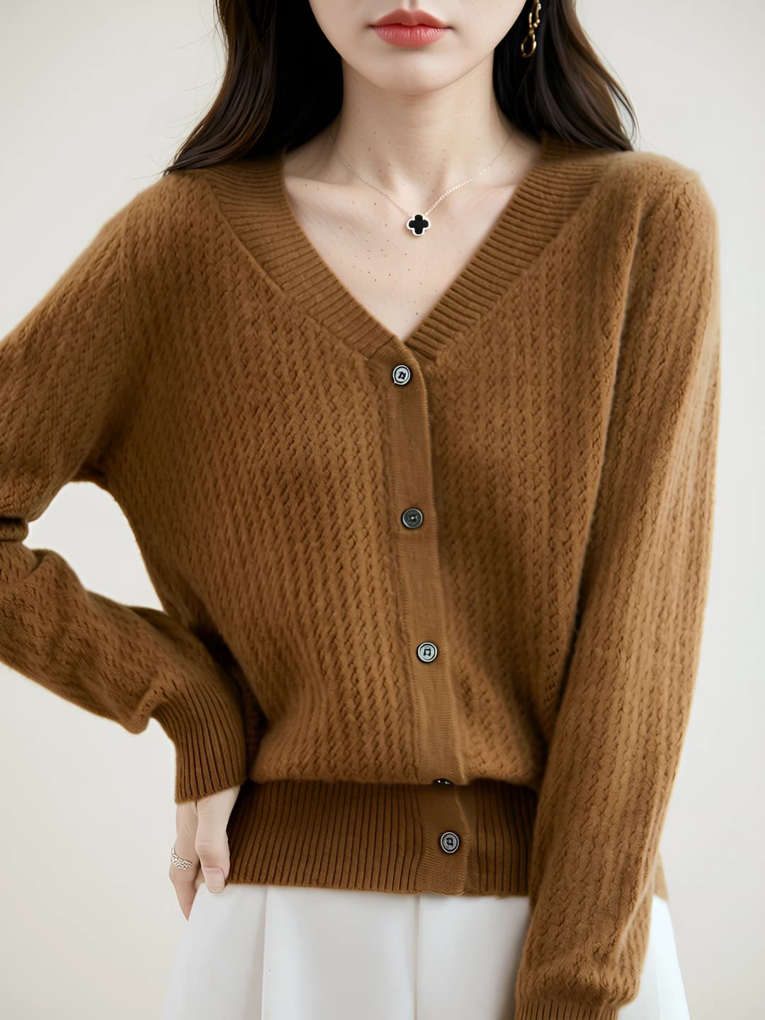 Women's 100% wool V-neck cardigan, loose fit, slimming, long sleeve, casual knit top