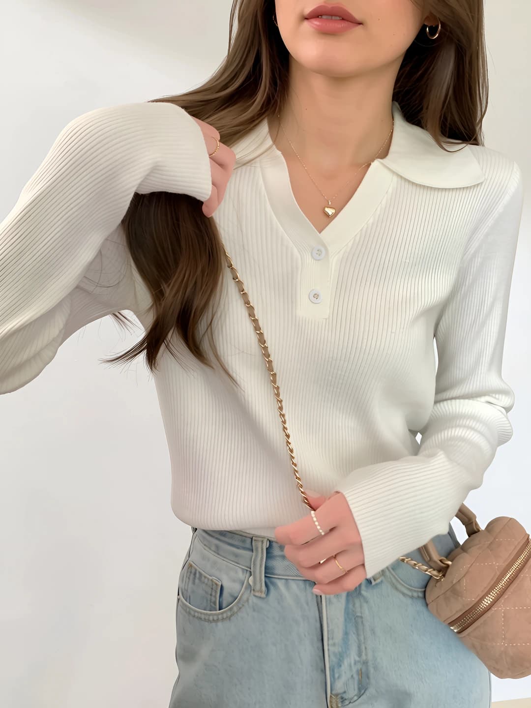 Women's solid colour knit top with lapel collar and long sleeve, slim fit, casual style for spring-autumn