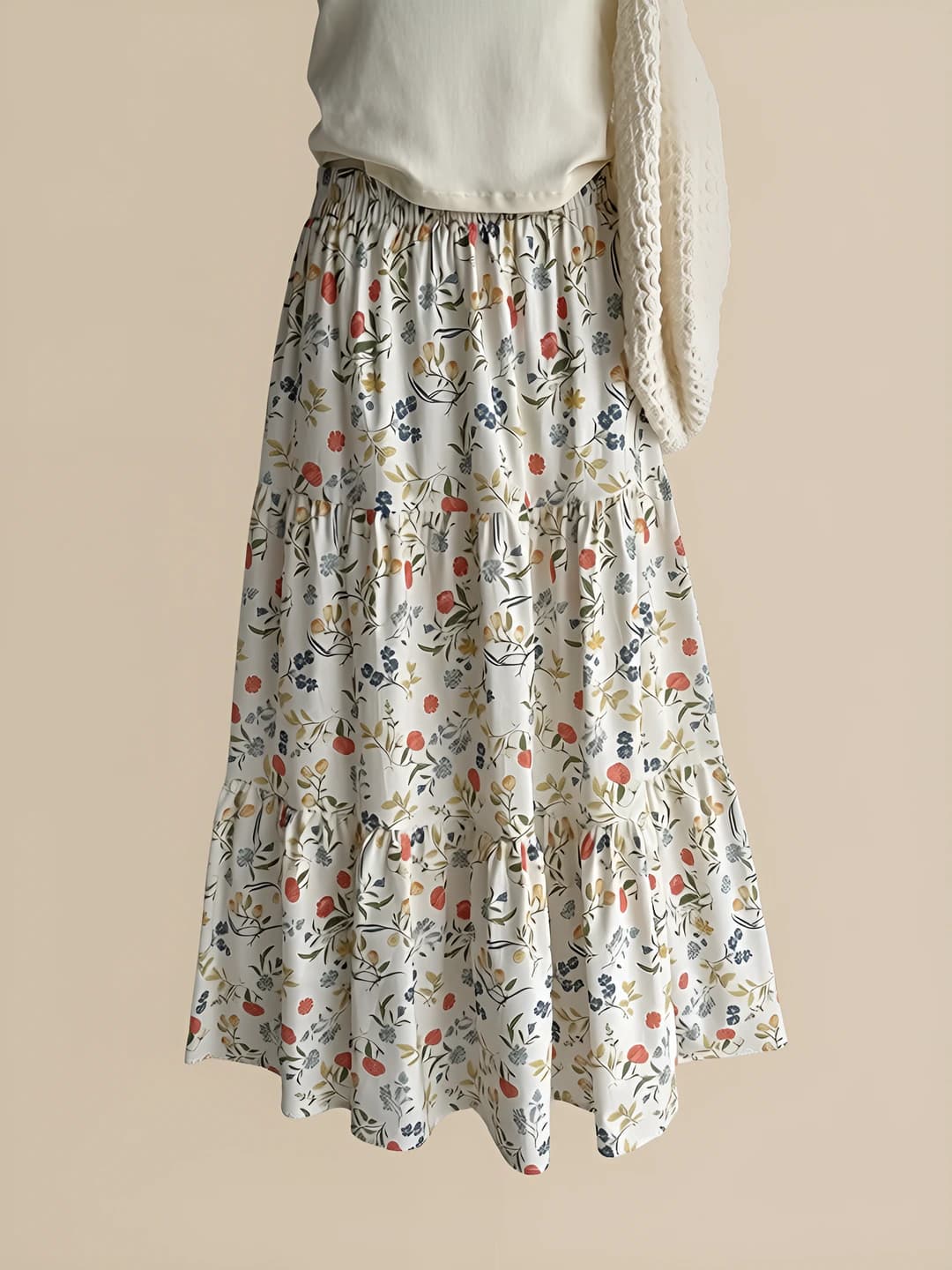 Women's summer Korean style floral A-line wide skirt, long skirt, elastic waist