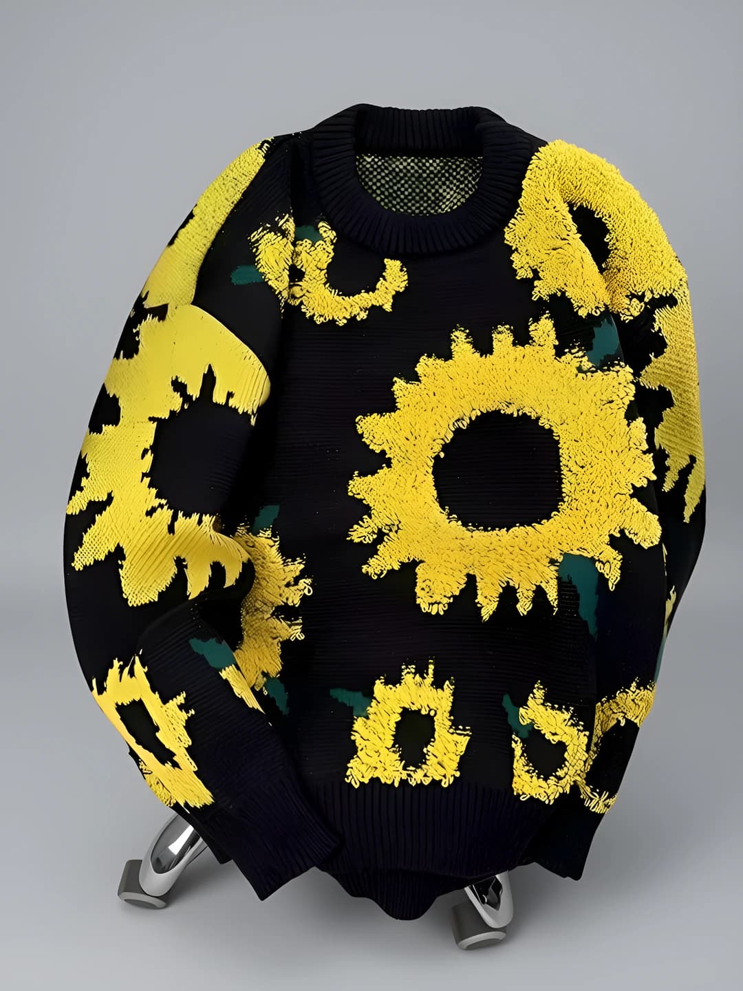 Ayollar uchun kuz-qish retro uslubidagi o'simlik naqshli bo'sh (oversize) trikotaj sviter, dumaloq yoqa, uzun yeng