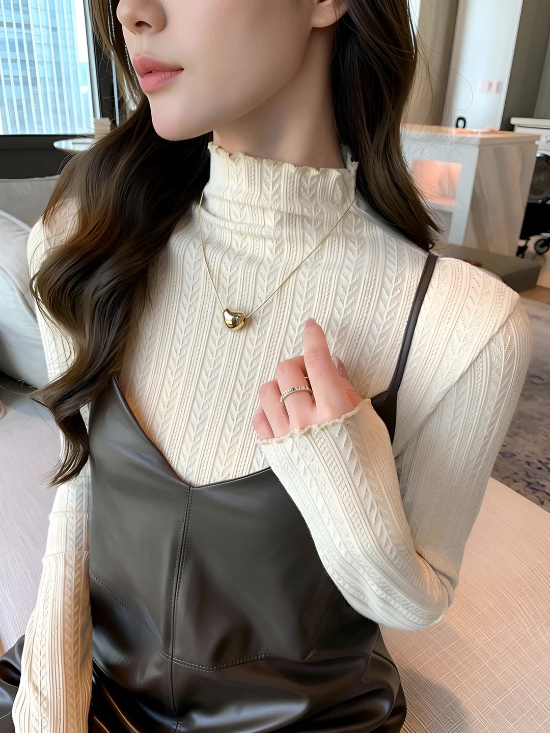 Women's striped mock neck long sleeve stretch viscose sweater for autumn-winter