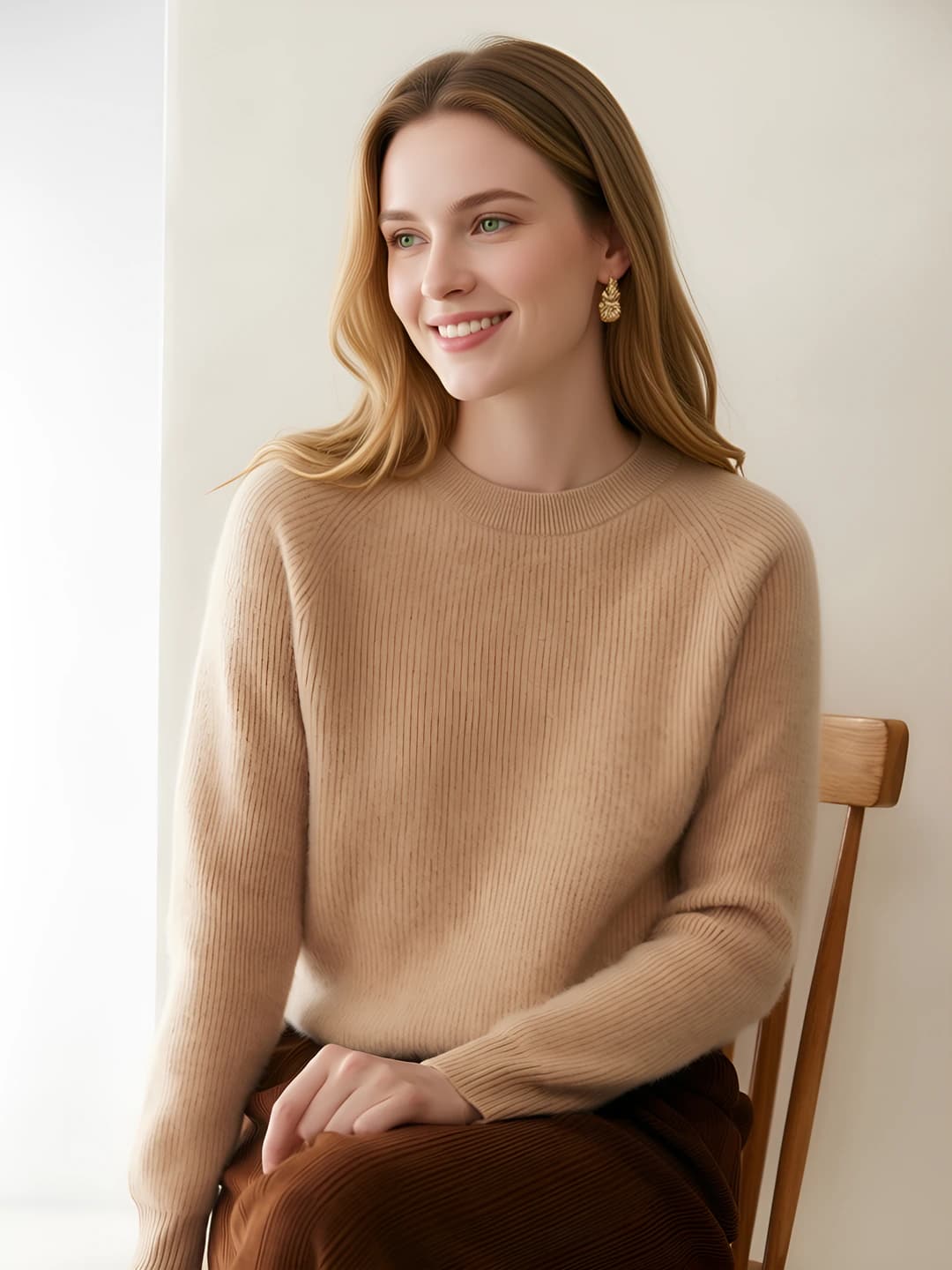 Women's cashmere sweater, crew neck, long sleeve, thickened, solid colour, slimming, autumn-winter
