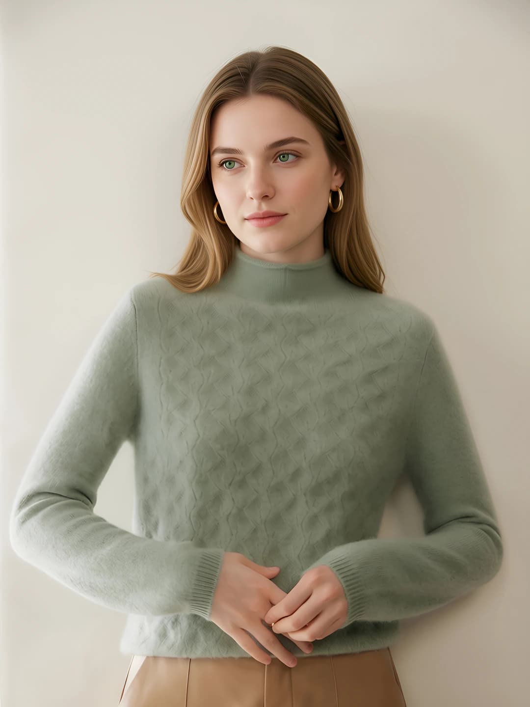 Women's cashmere mock neck turtleneck, slim fit, crew neck, long sleeve, thick, geometric pattern, casual sweater