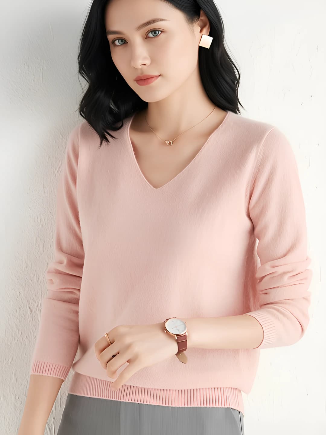 Women's cashmere and wool knit top, V-neck, solid colour, loose fit, long sleeve, autumn-winter