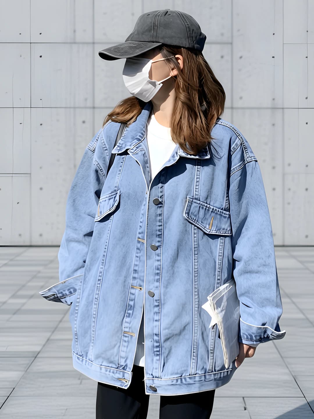 Women's Korean style loose fit denim jacket, mid-length, solid colour, long sleeve, lapel collar, spring-autumn